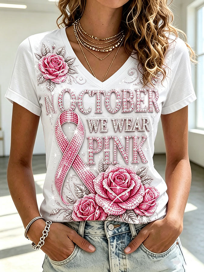 Women'S Breast Cancer Ribbon Printed V-Neck T-Shirt