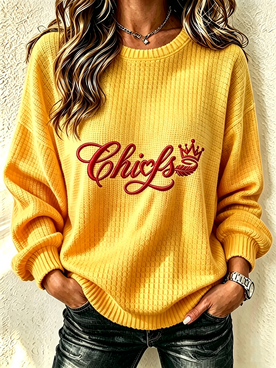 Women'S Football Fan Waffle Long Sleeved Round Neck Sweatshirt