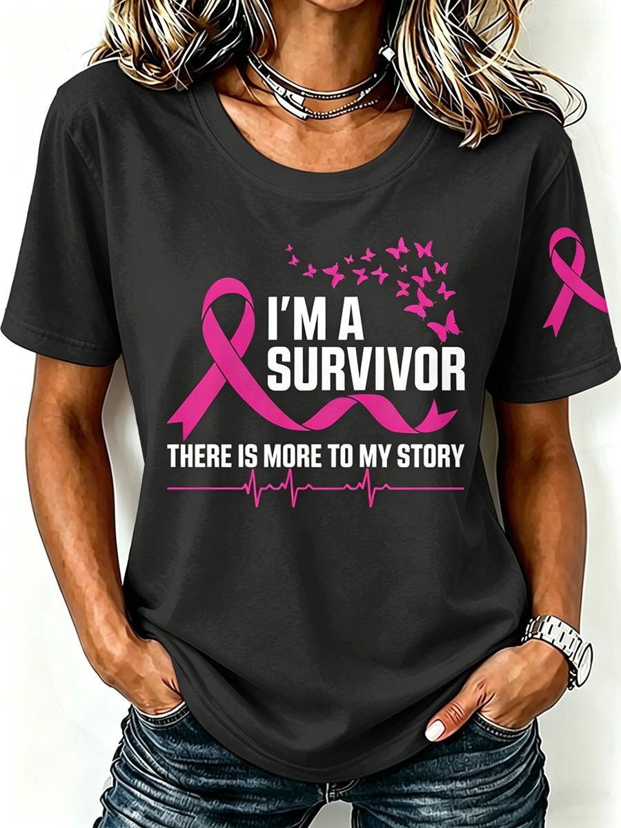 Pink Series Disease Health Awareness Public Welfare Printed Round Neck T-Shirt