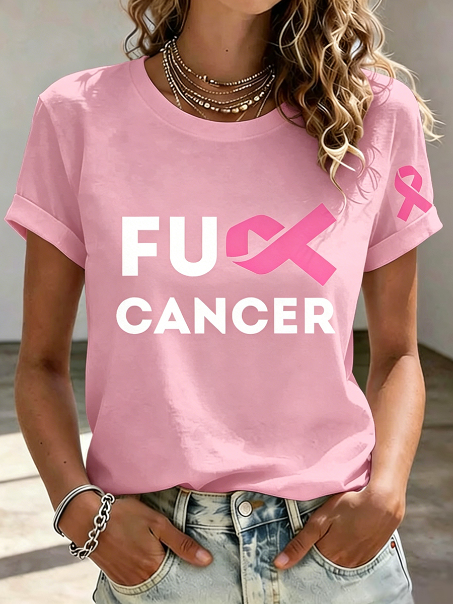 Pink Series Disease Health Awareness Public Welfare Printed Round Neck T-Shirt
