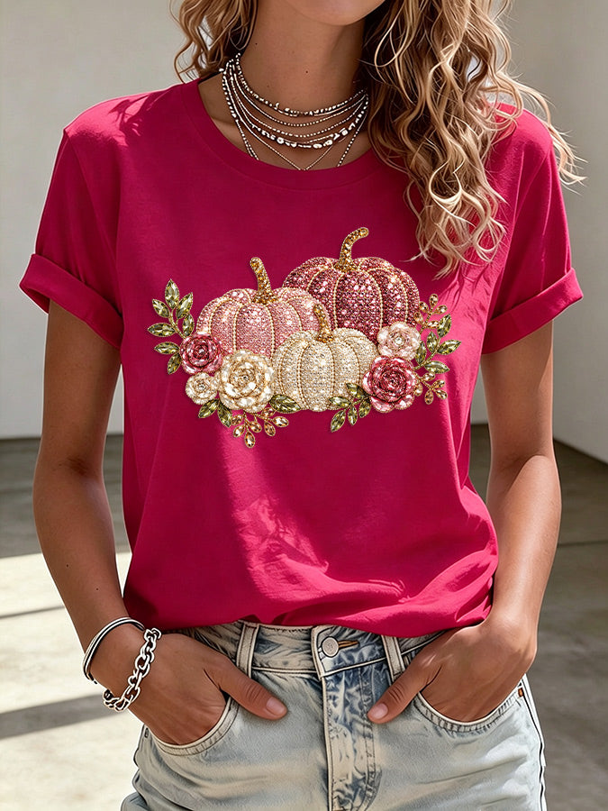 Ladies' Pink Pumpkin Printed Casual T-Shirt