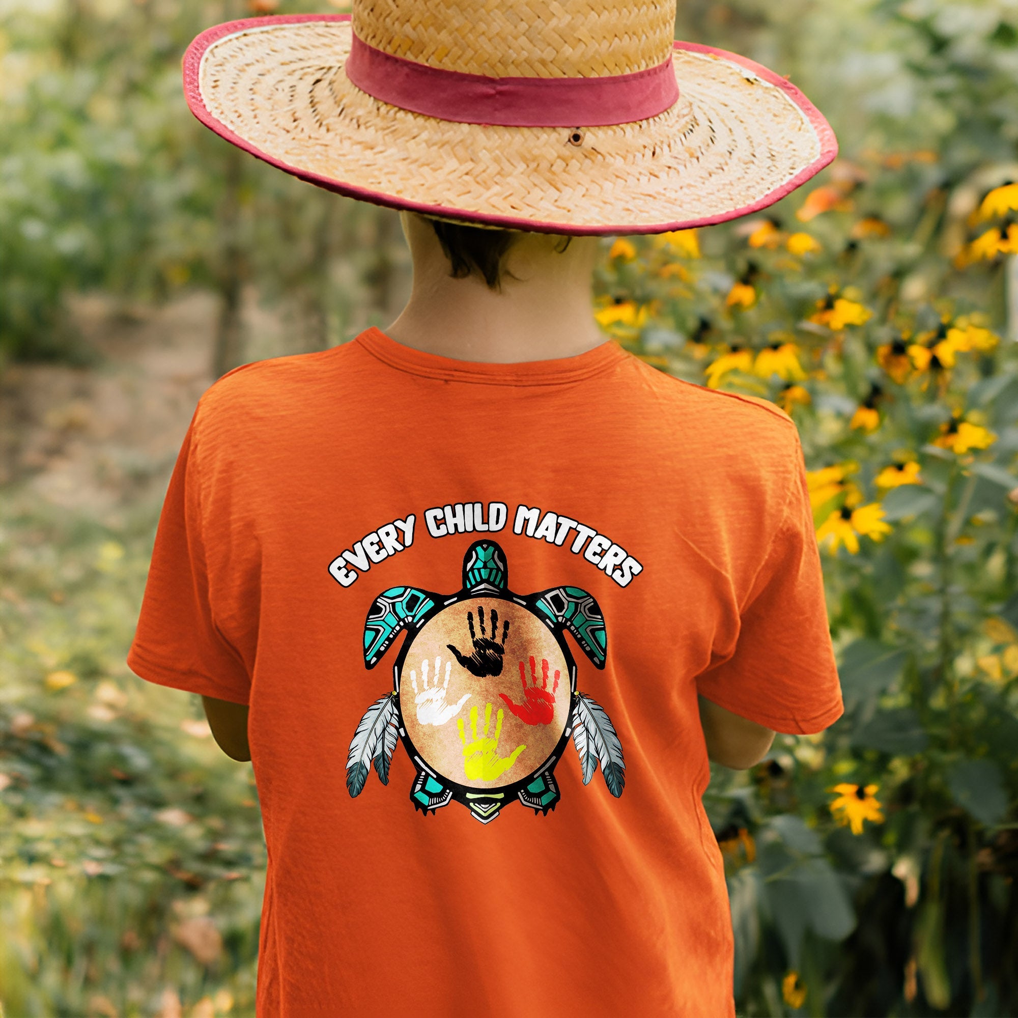 Every Child Matters Feather Hand Color On Turtle For Orange Shirt Day Unisex Back T-shirt/Hoodie/Sweatshirt