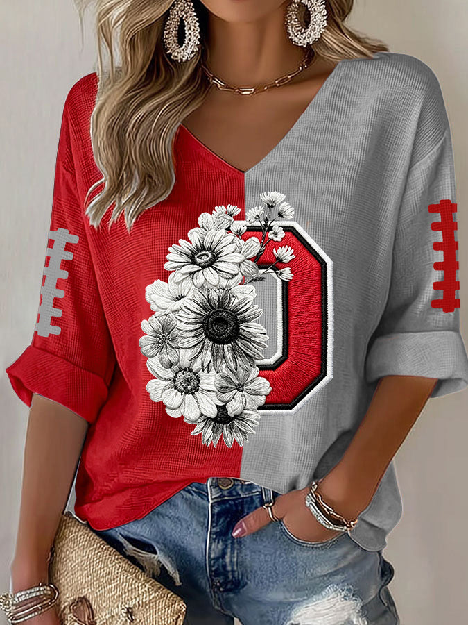 Women'S Football Print Waffle V-Neck Top