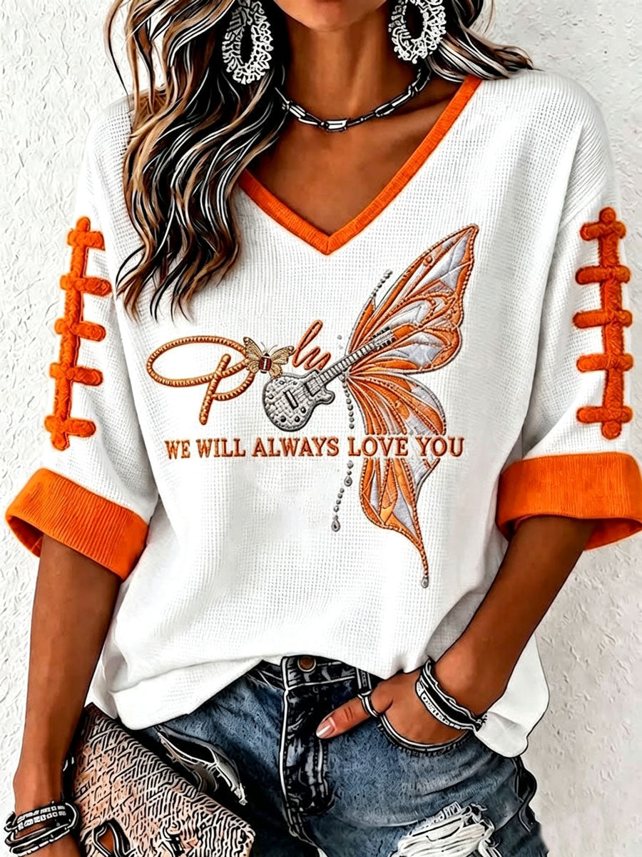 Women's Football Commemorative Printed Casual V Neck Top