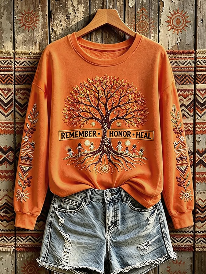 Women'S Orange Shirt With Sun Print Sweatshirt