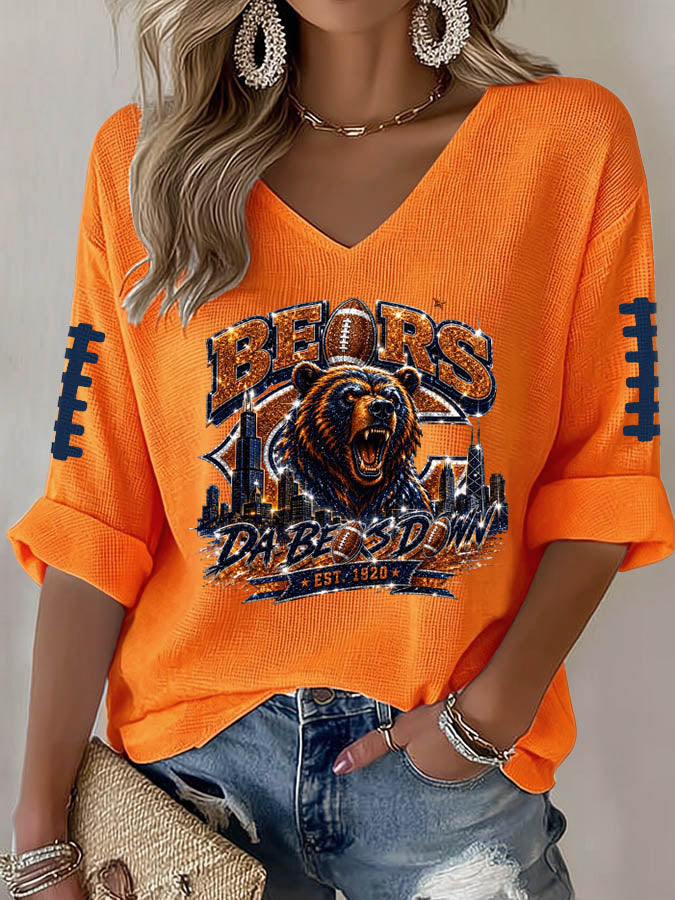 Women'S Rugby Printed Waffle Long Sleeve T-Shirt
