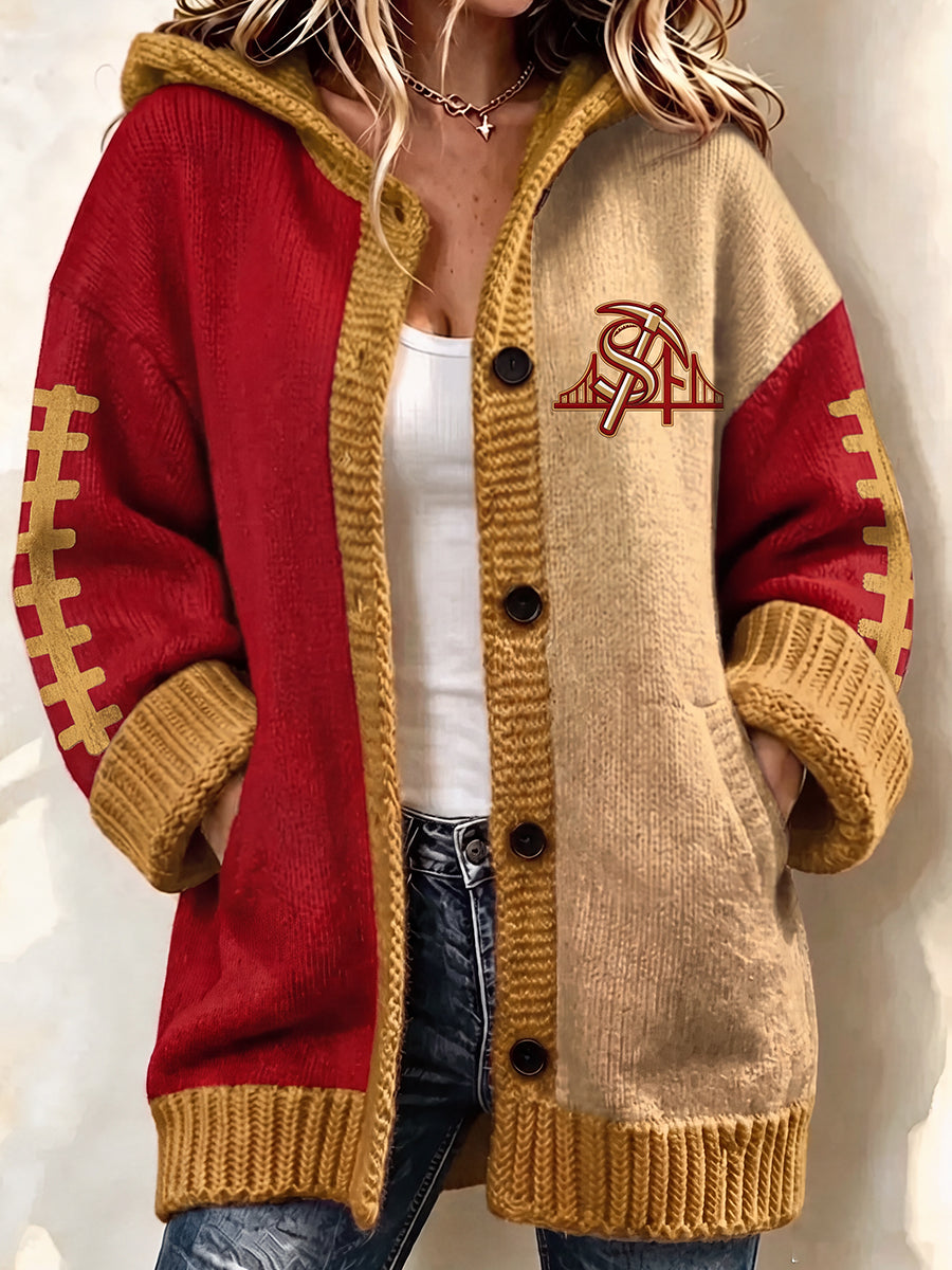 Women'S Football Print Casual Hooded Long Cardigan
