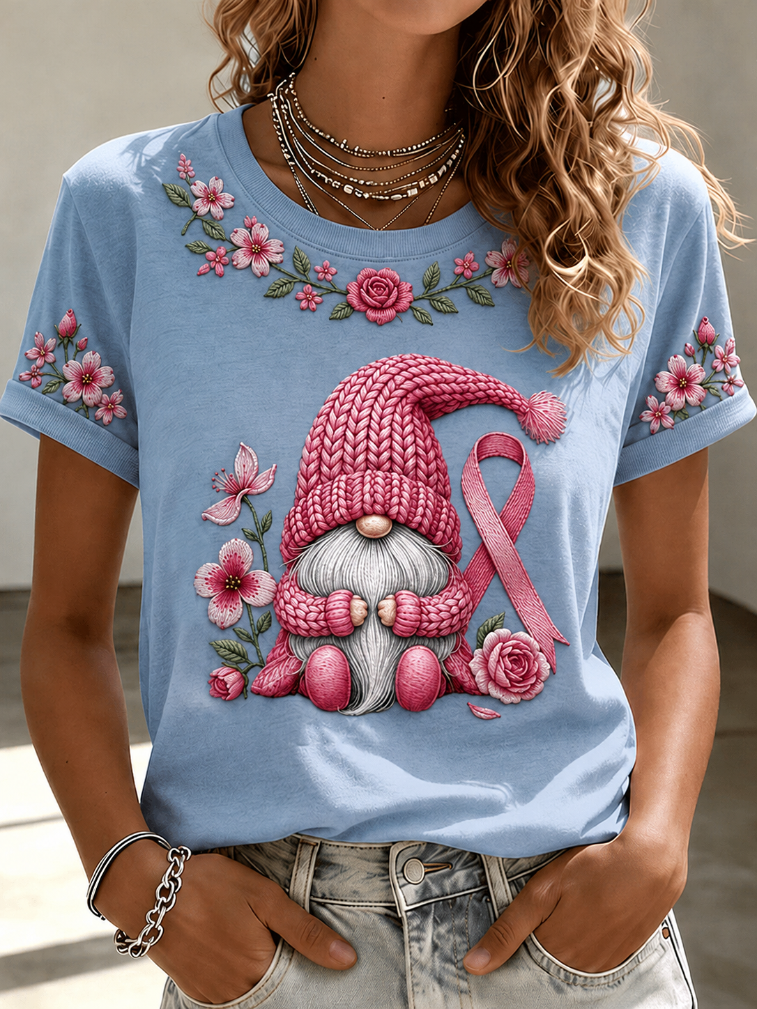 Women'S Breast Cancer Promotional Print Short Sleeved T-Shirt