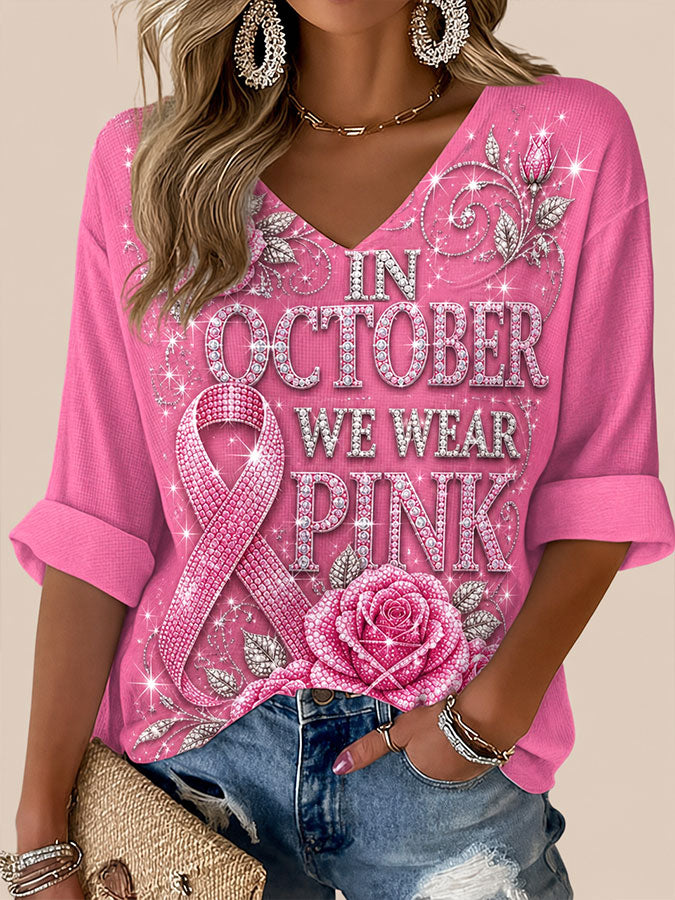 Women'S In October We Wear Pink Printed Waffle T-Shirt