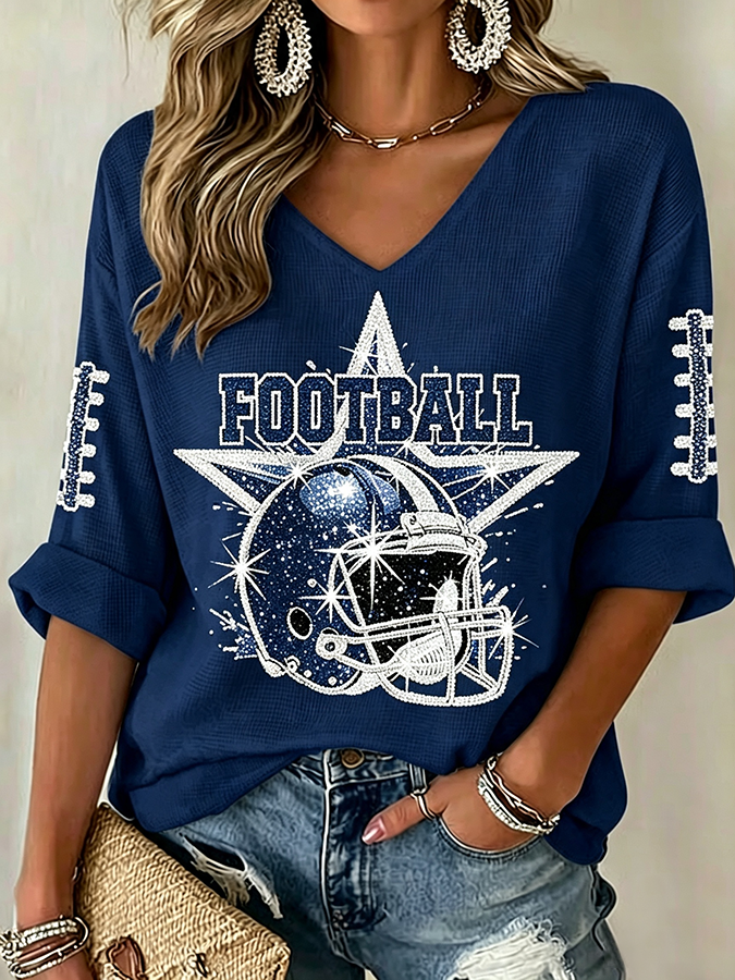 Women'S Rugby Patterned Waffle V-Neck Top