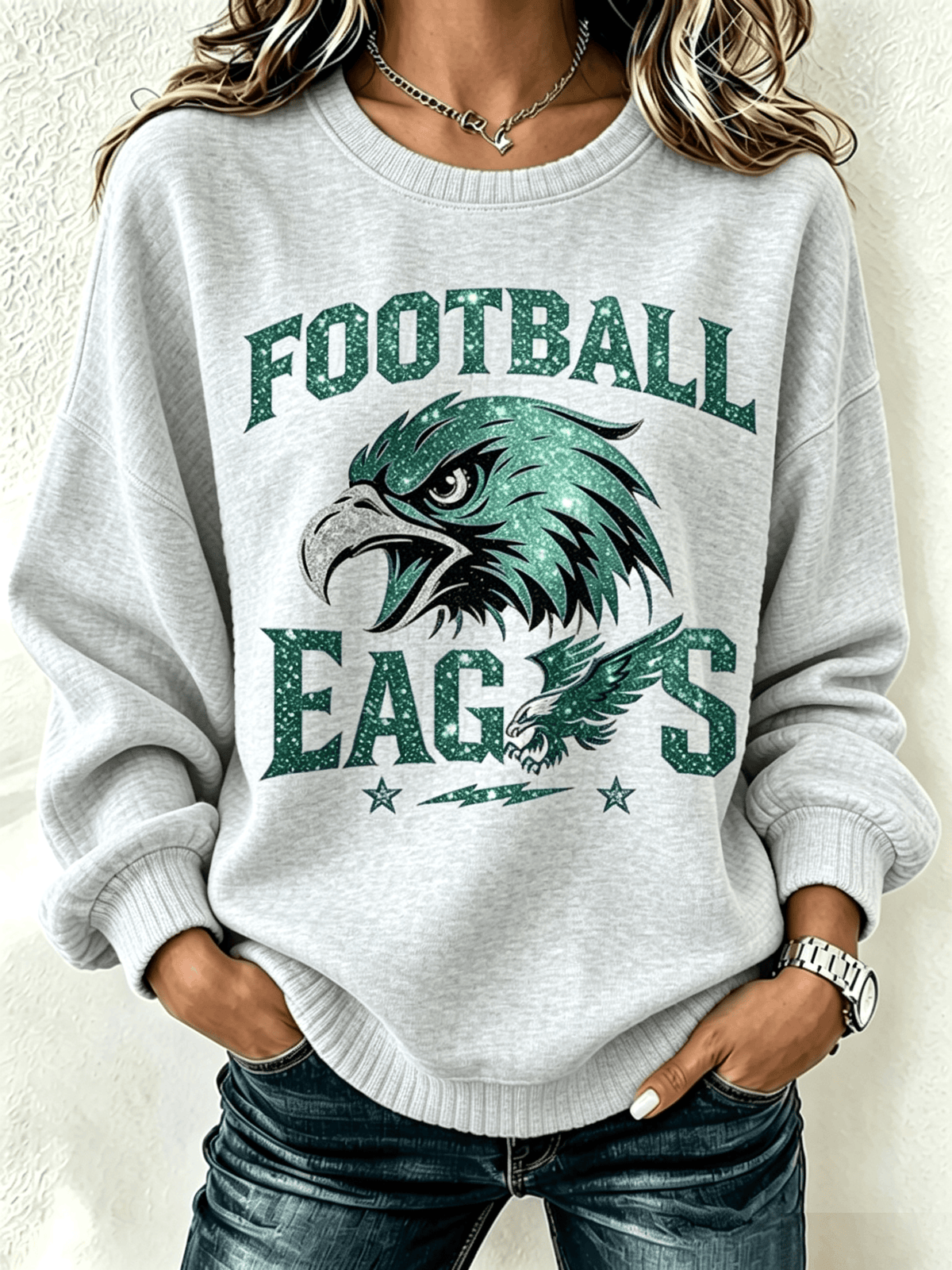Women'S Casual Football Printed Round Neck Pullover