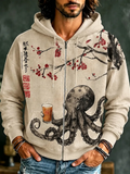 Men's Octopus Drinking Tea Under The Cherry Tree Art Print Casual Zip Up Hoodie