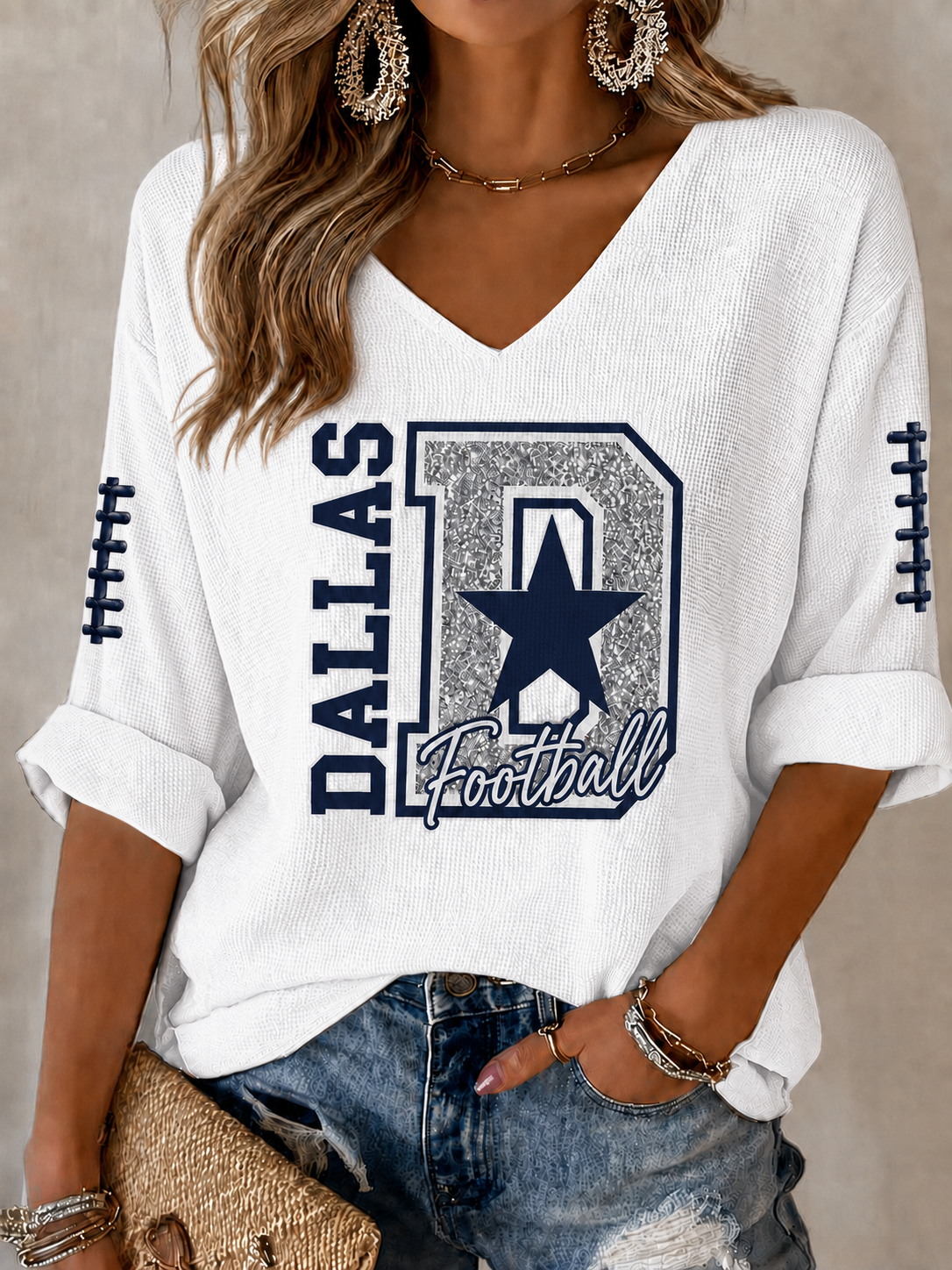Women'S Football Printed Mid Sleeve V-Neck T-Shirt