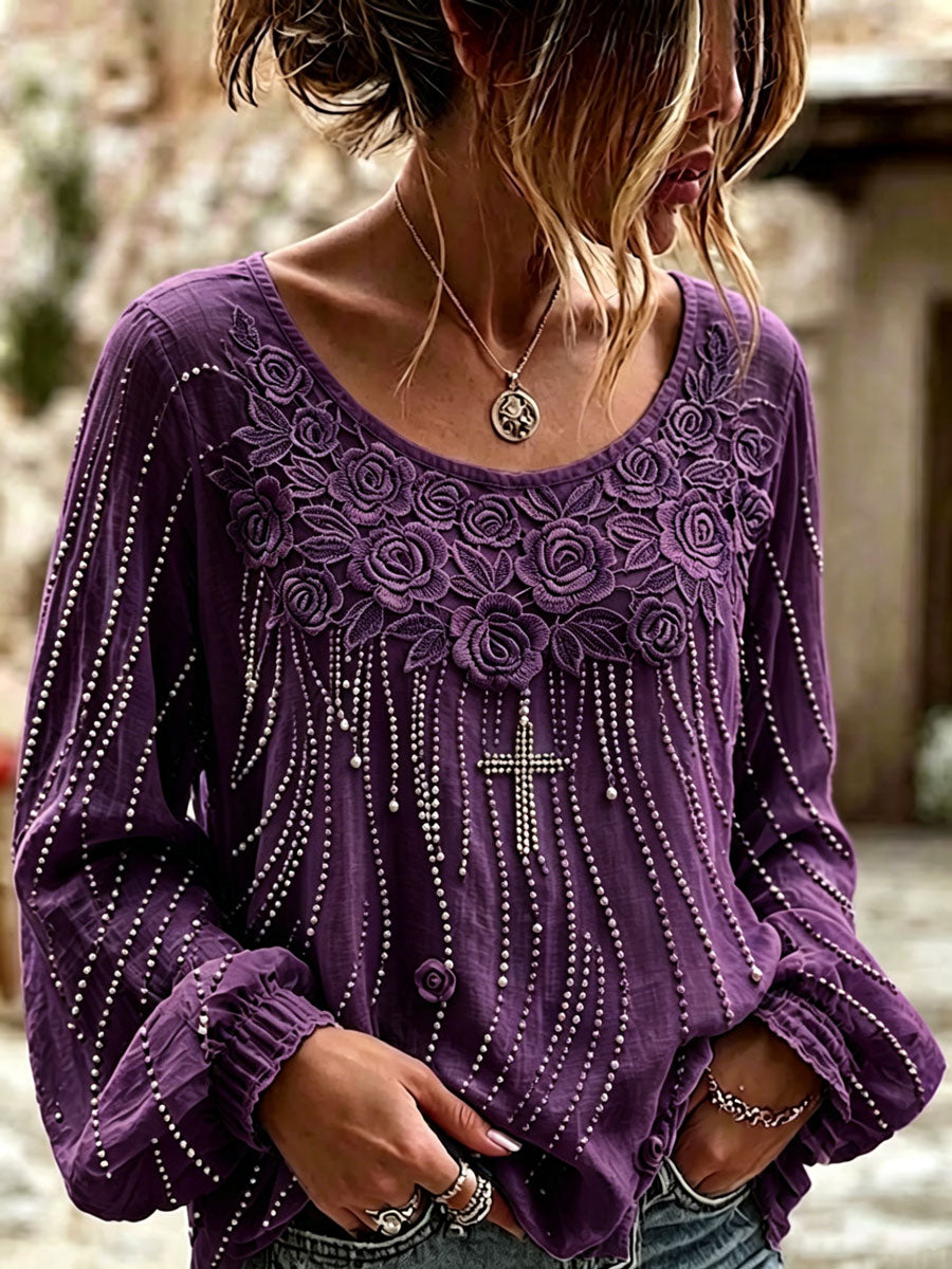 Women'S Casual Floral Cotton Linen Long Sleeved Shirt