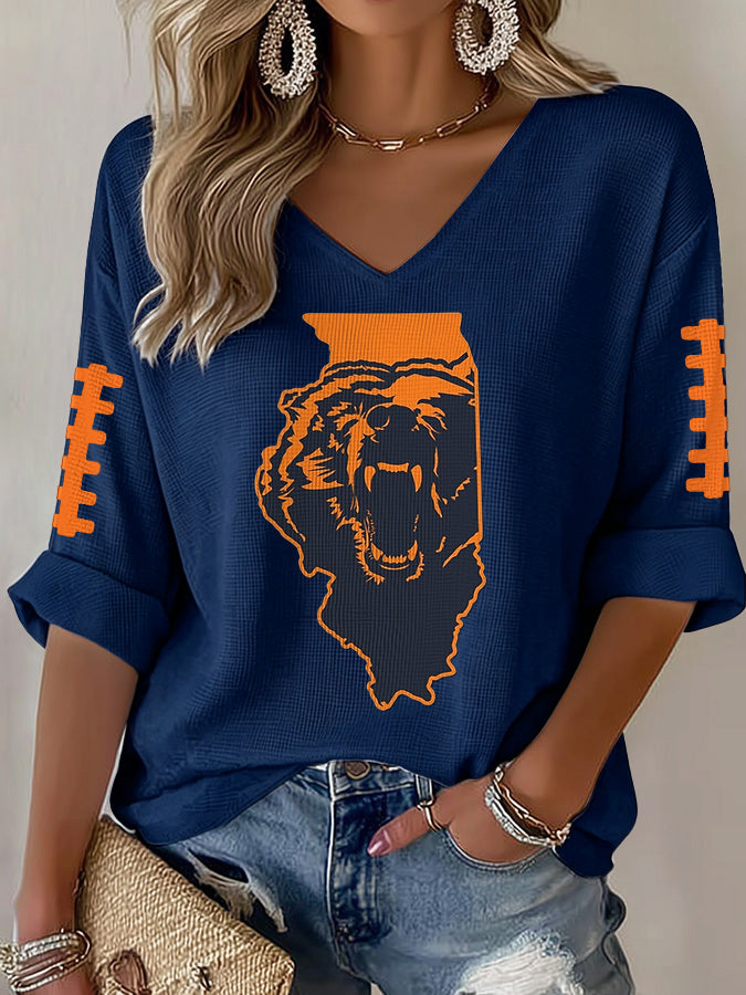 Women'S Rugby Printed Waffle Long Sleeve T-Shirt