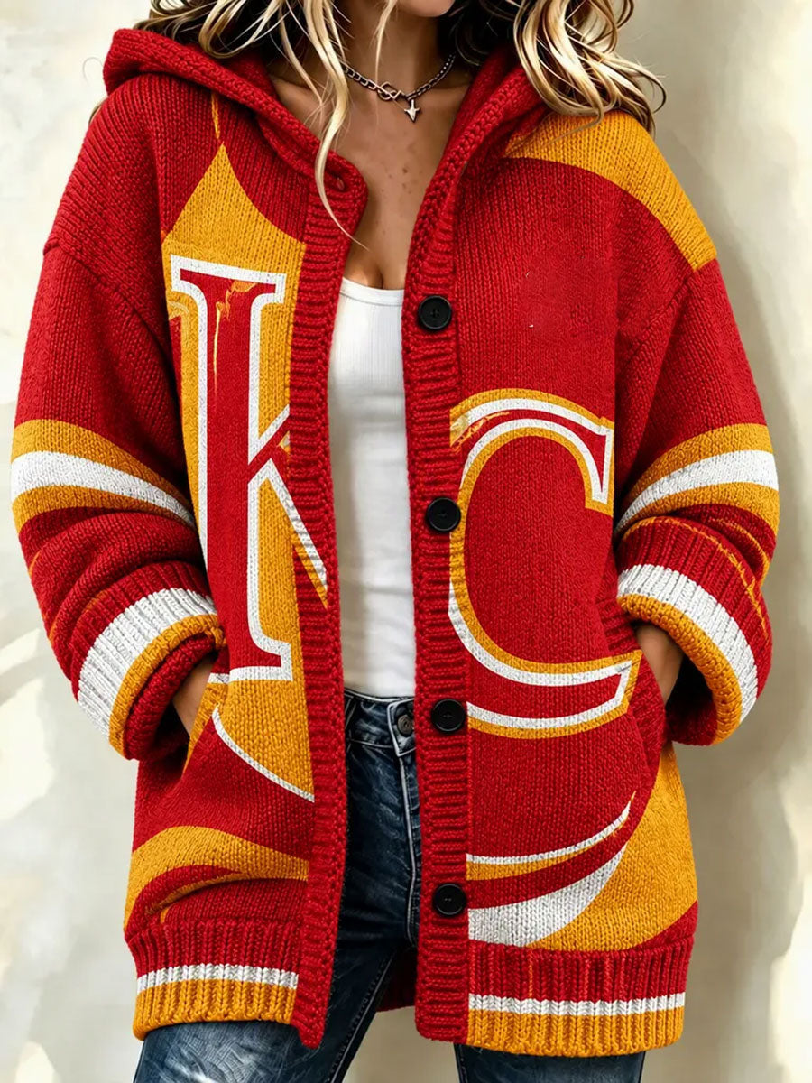 Women'S Football Print Casual Hooded Long Cardigan