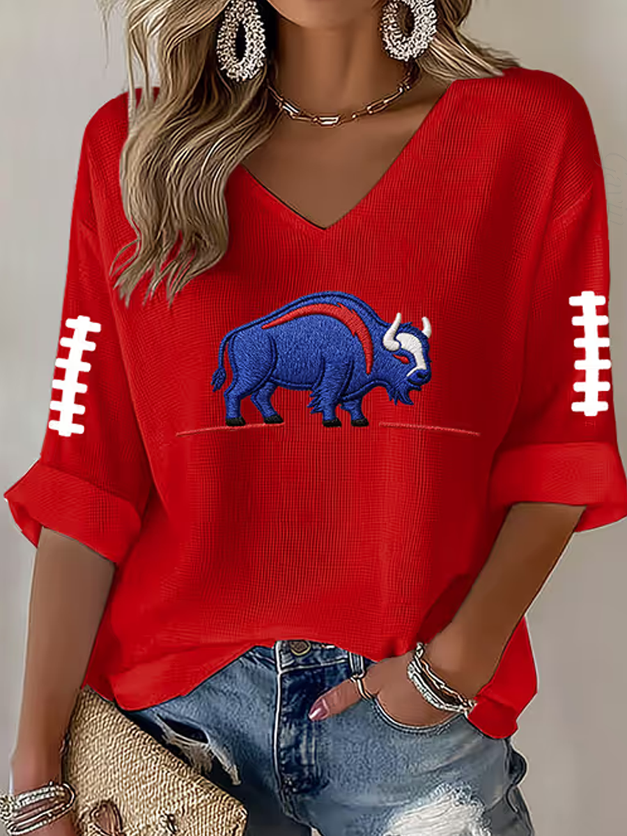 Women'S Football Printed V-Neck Mid Sleeve T-Shirt