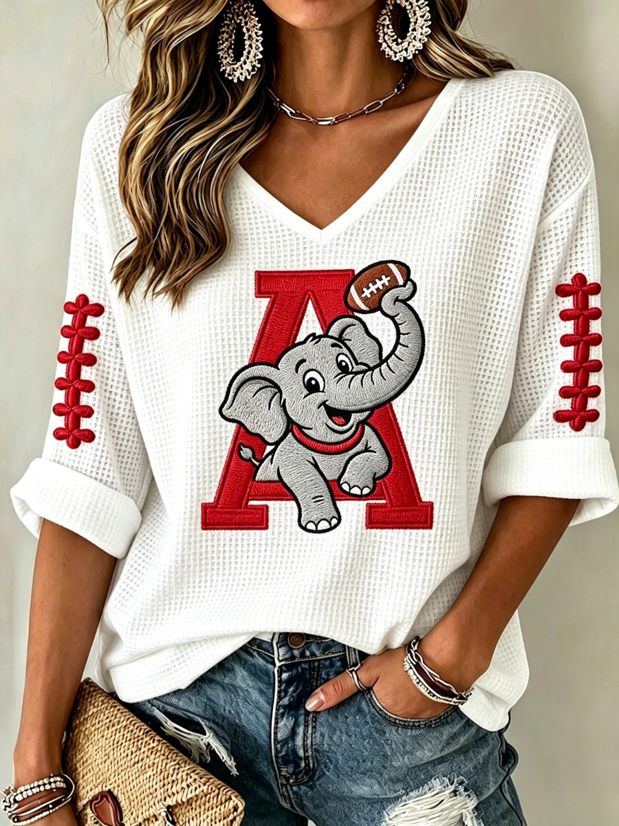 Women'S Rugby Patterned Waffle V-Neck Top