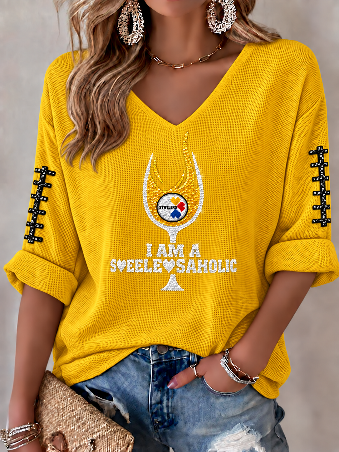 Women's Football Printed V-Neck T-Shirt