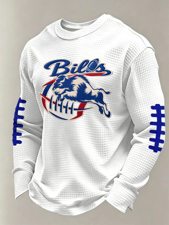 Men'S Buffalo Print Football Fans Gameday Casual Waffle Long Sleeve T-Shirt
