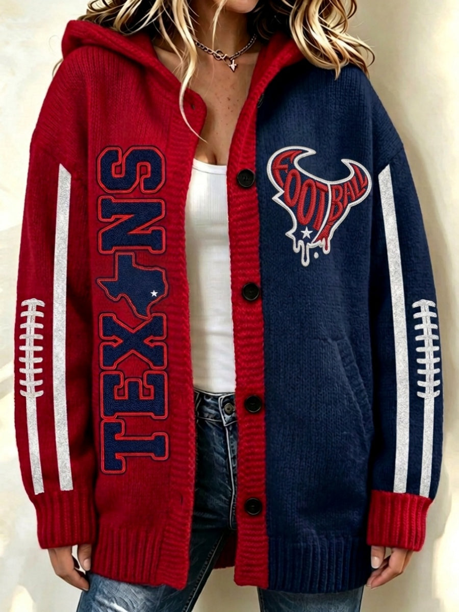 Women'S Football Print Casual Hooded Long Cardigan