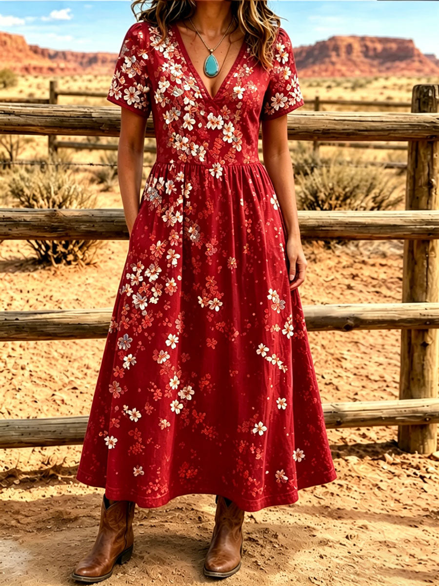 Women'S Western Style V-Neck Short Sleeved Floral Pattern Dress