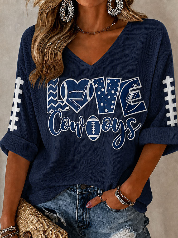 Women'S Football Printed Mid Sleeve V-Neck T-Shirt