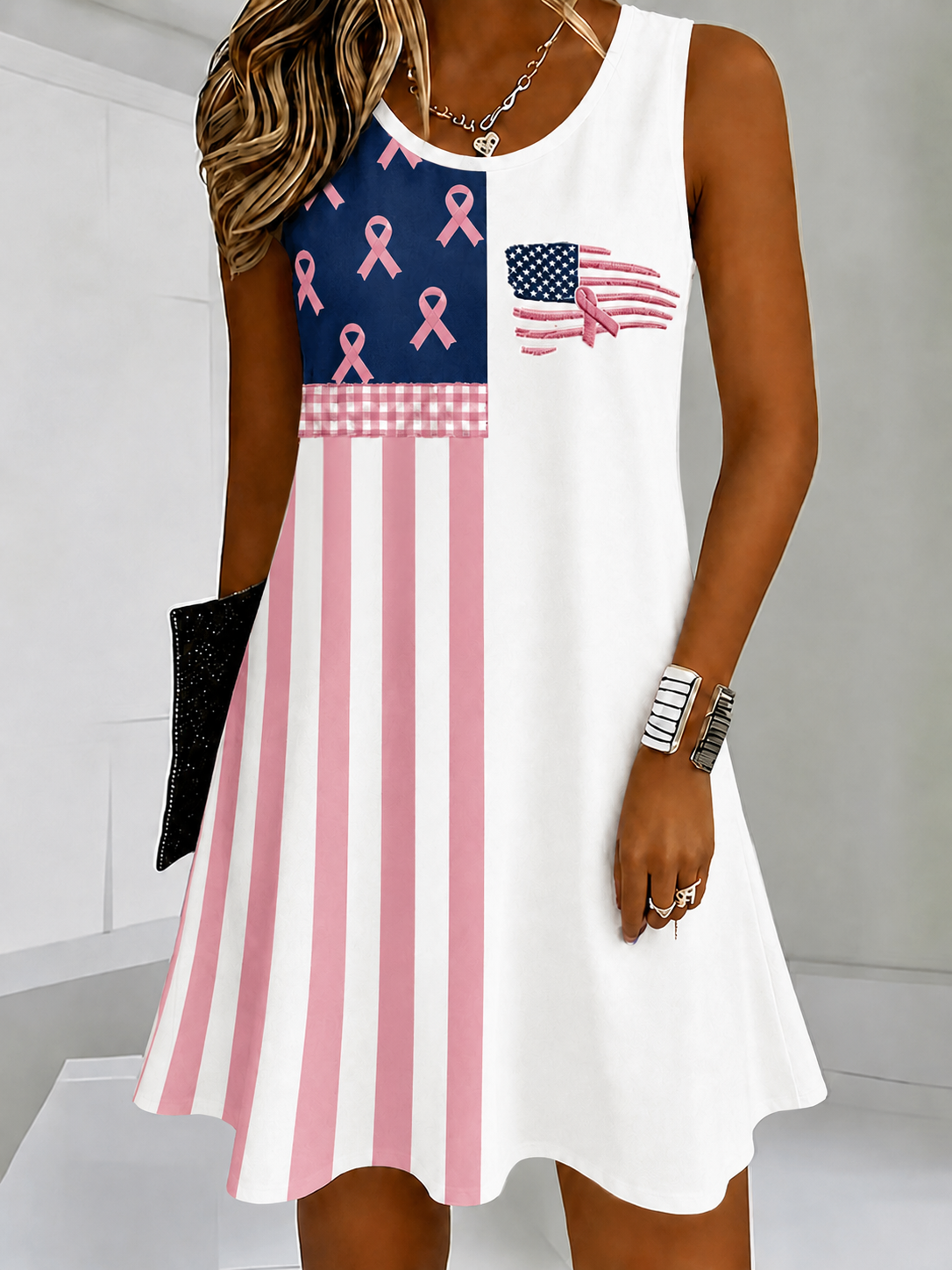 Women'S Flag Breast Cancer Awareness Print Dress