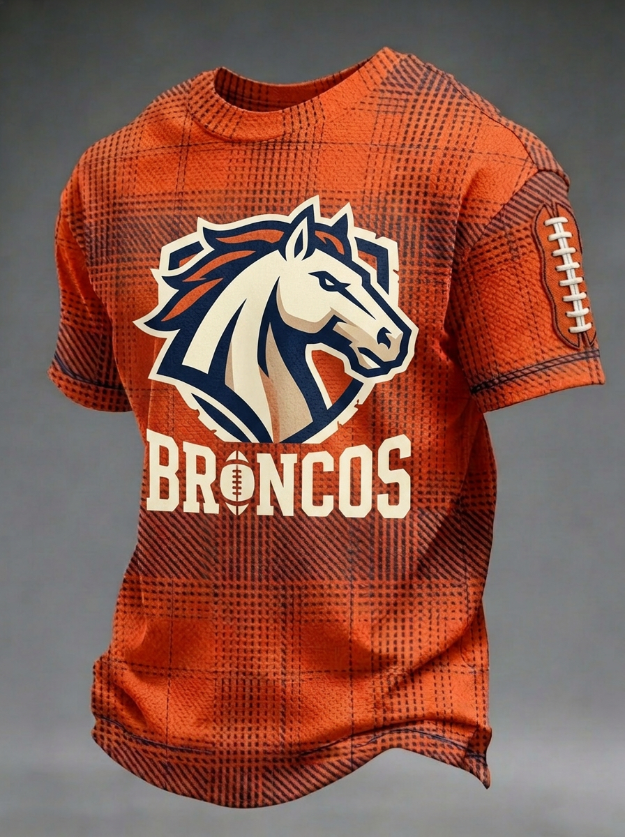 Unisex Denver Broncos Plaid Football Logo Printed T-shirt