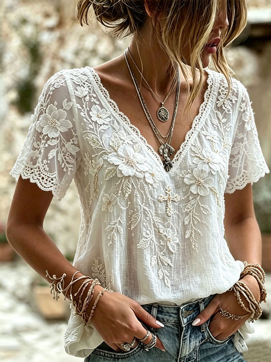 Women'S Cotton And Linen Floral Faith Casual Top