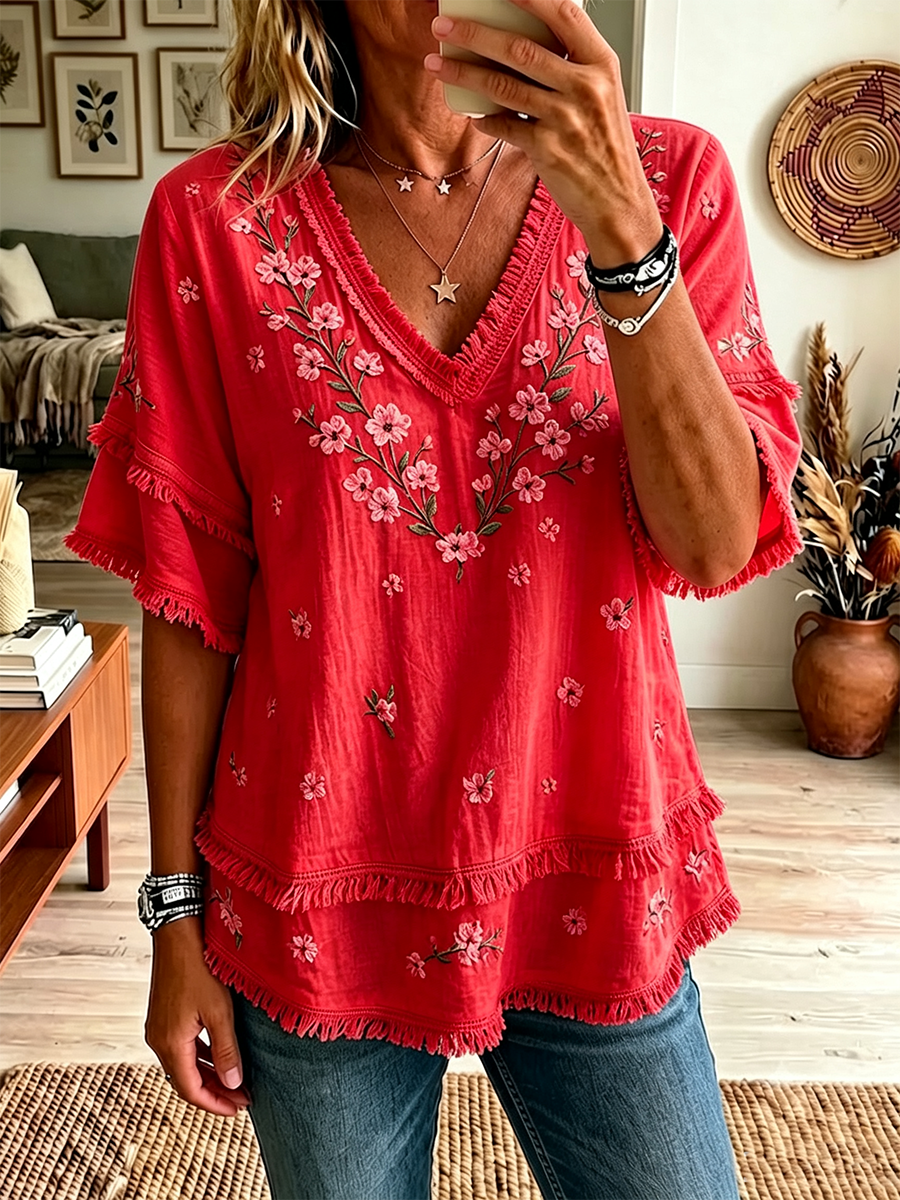 Women'S Pink Cotton Linen Flower Print Casual Tassel Shirt