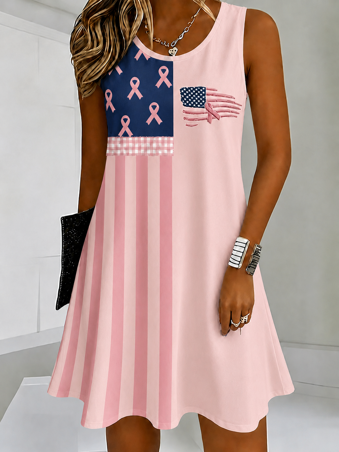 Women'S Flag Breast Cancer Awareness Print Dress