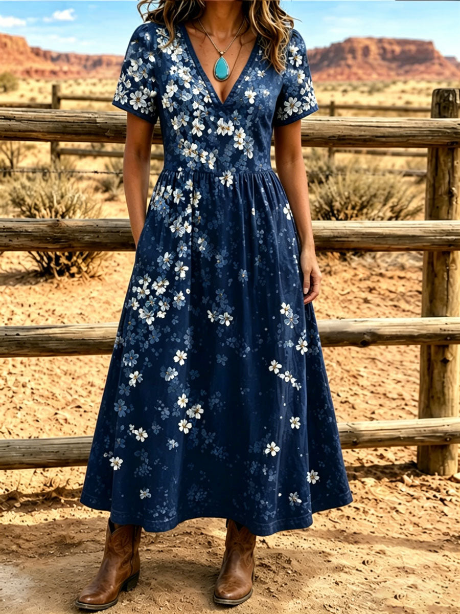 Women'S Western Style V-Neck Short Sleeved Floral Pattern Dress