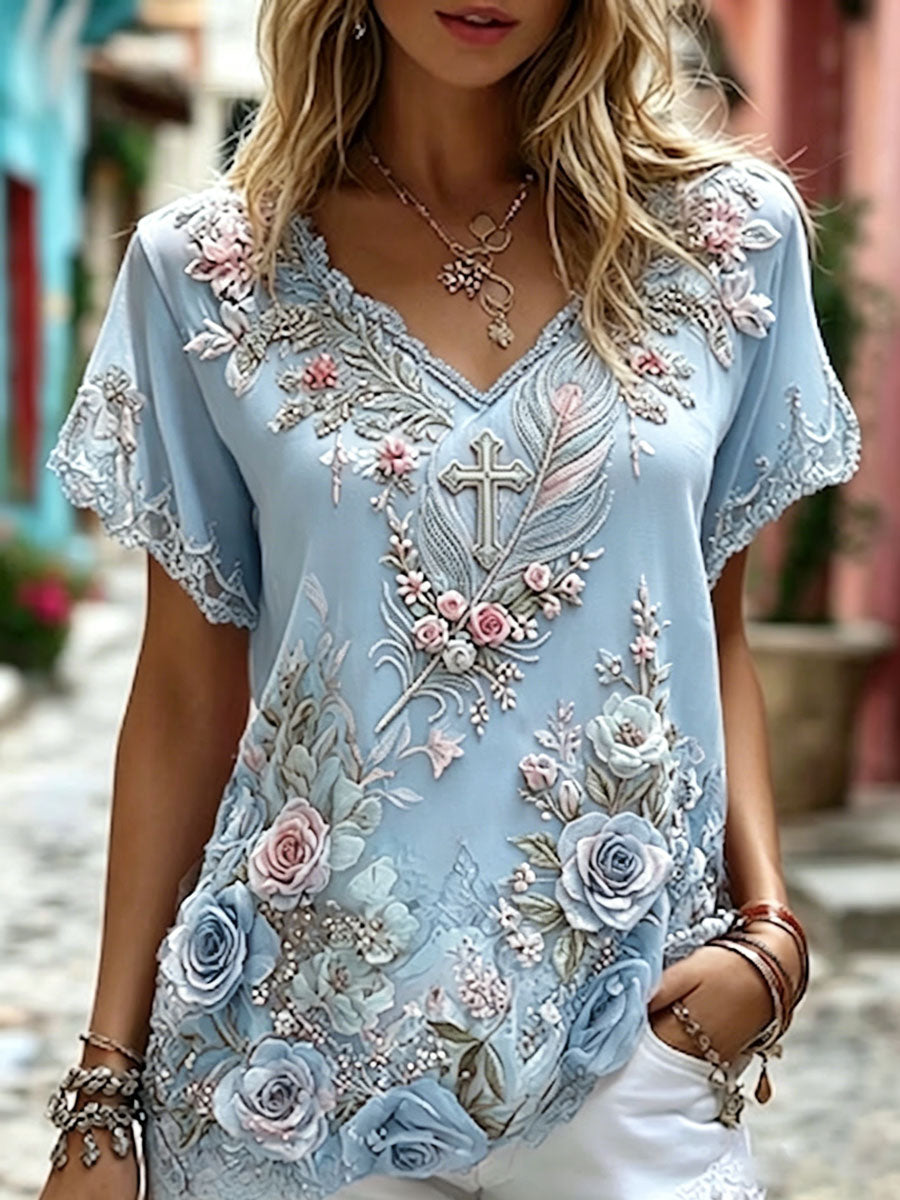 Women's  Cross, Floral Cotton Linen Top