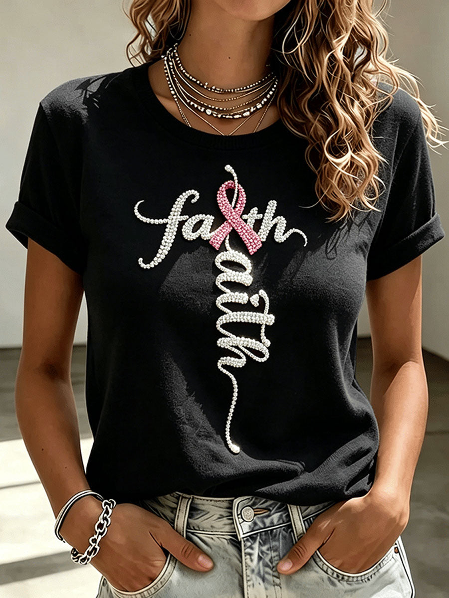 Pink Ribbon Faith Pattern Casual Pure Cotton Short-Sleeved T-Shirt