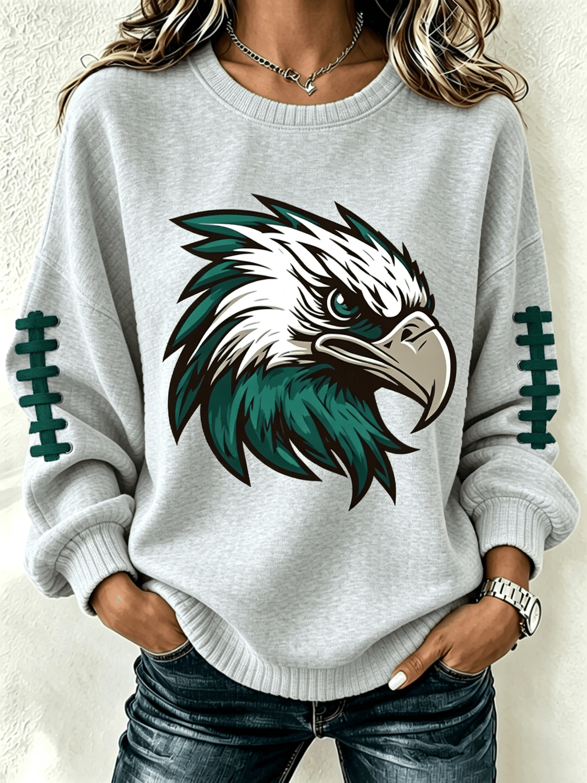 Women'S Casual Football Printed Round Neck Pullover
