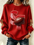 Women'S Football Print Waffle Long Sleeved Round Neck Sweatshirt