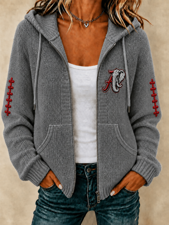 Women'S  Football  Printed Knitted Textured Zipper Hood