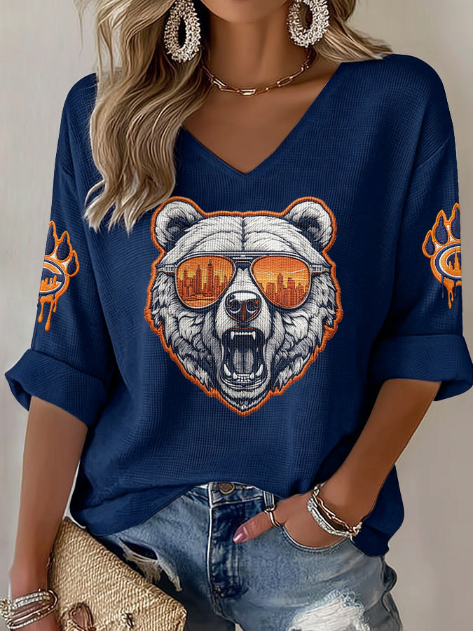 Women'S Rugby Printed Waffle Long Sleeve T-Shirt