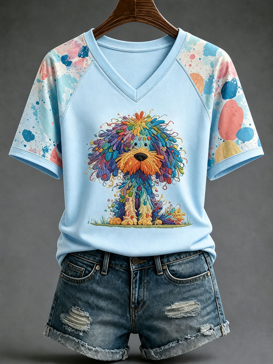 Ladies' Cute Dog V-Neck Casual T-Shirt