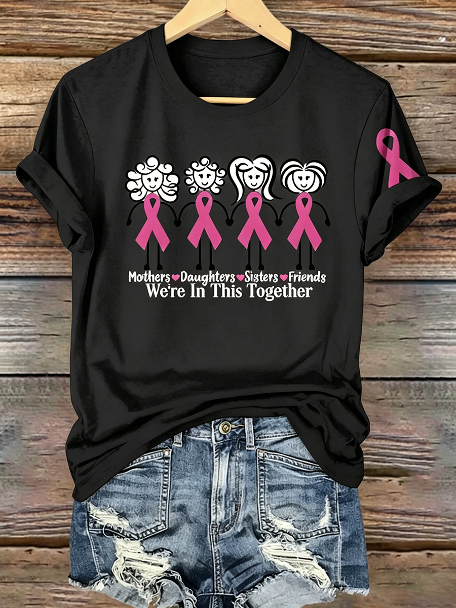 Pink Series Disease Health Awareness Public Welfare Printed Round Neck T-Shirt