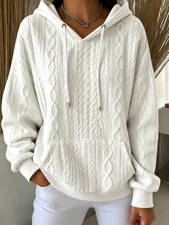 Women'S Casual Solid Color Knitted Jacquard Hooded Sweatshirt