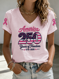 Women's American Flag Pink Ribbon Embroidered Casual T-shirt
