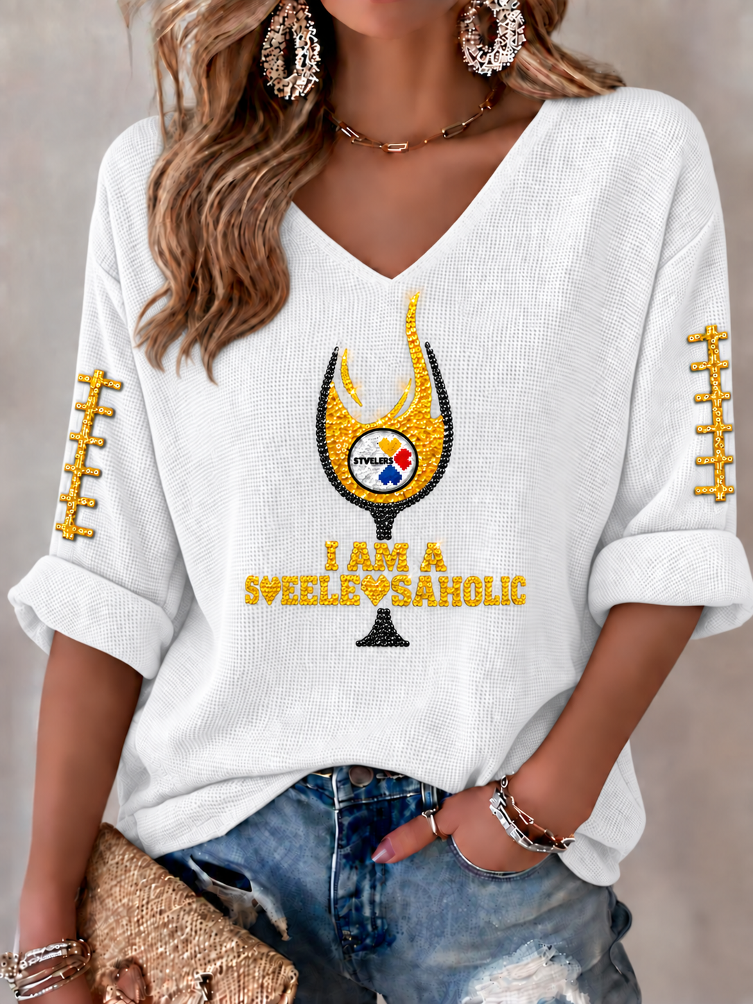 Women's Football Printed V-Neck T-Shirt
