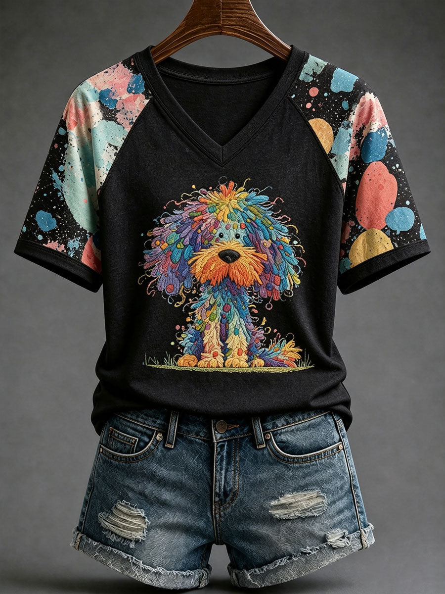 Ladies' Cute Dog V-Neck Casual T-Shirt