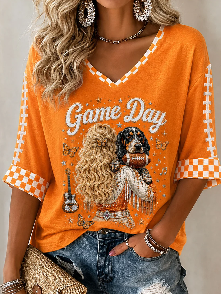 Women'S Football Printed V-Neck T-Shirt