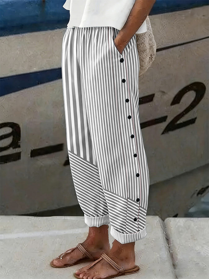 Women'S Casual Pink Stripe Art Breast Cancer Awareness Printed Trousers