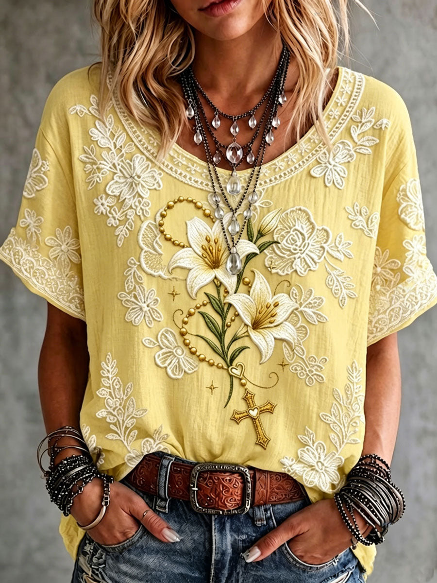 Women's Vintage Lily Flower Cross Art Print Short-sleeved T-shirt