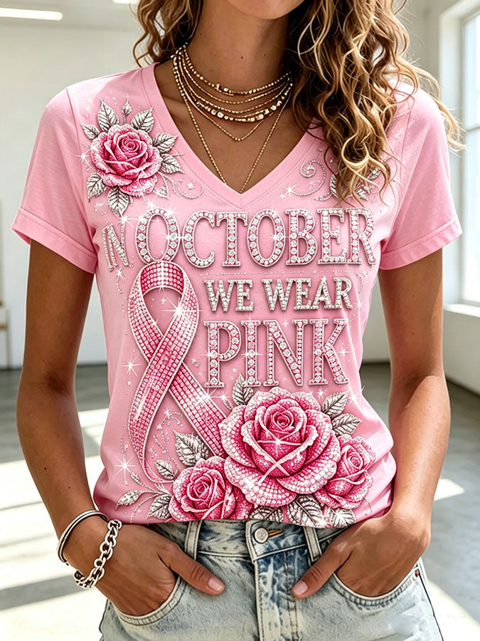 Women'S Breast Cancer Ribbon Printed V-Neck T-Shirt