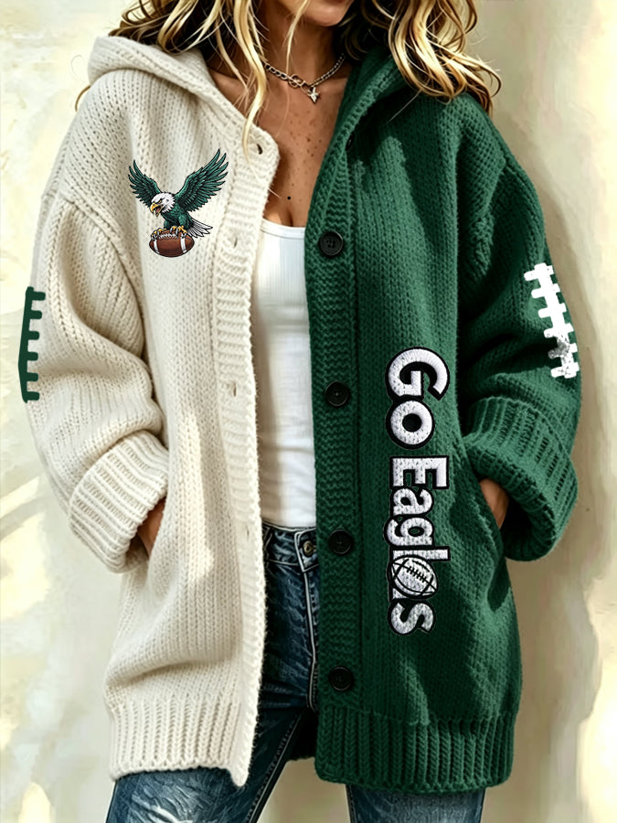 Women'S Football Print Casual Hooded Long Cardigan